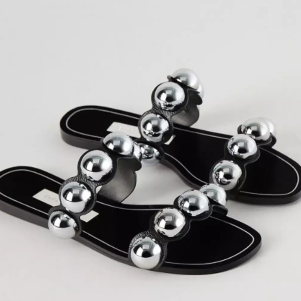 Zara Black and Silver Studded Slide Sandals
